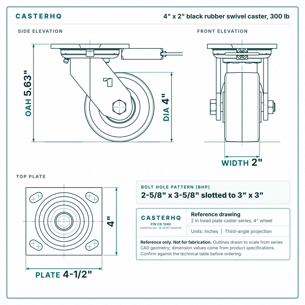 4 x 2 in black rubber swivel caster reference drawing, side, front and top plate views with dimensions