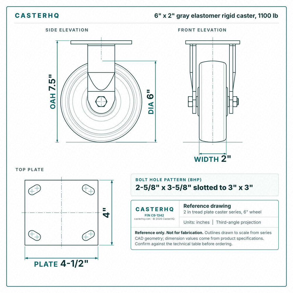 6 x 2 in gray elastomer rigid caster reference drawing, side, front and top plate views with dimensions