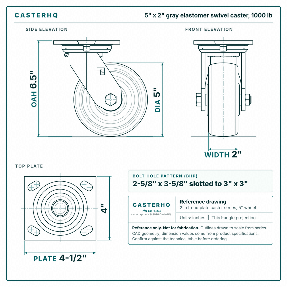 5 x 2 in gray elastomer swivel caster reference drawing, side, front and top plate views with dimensions