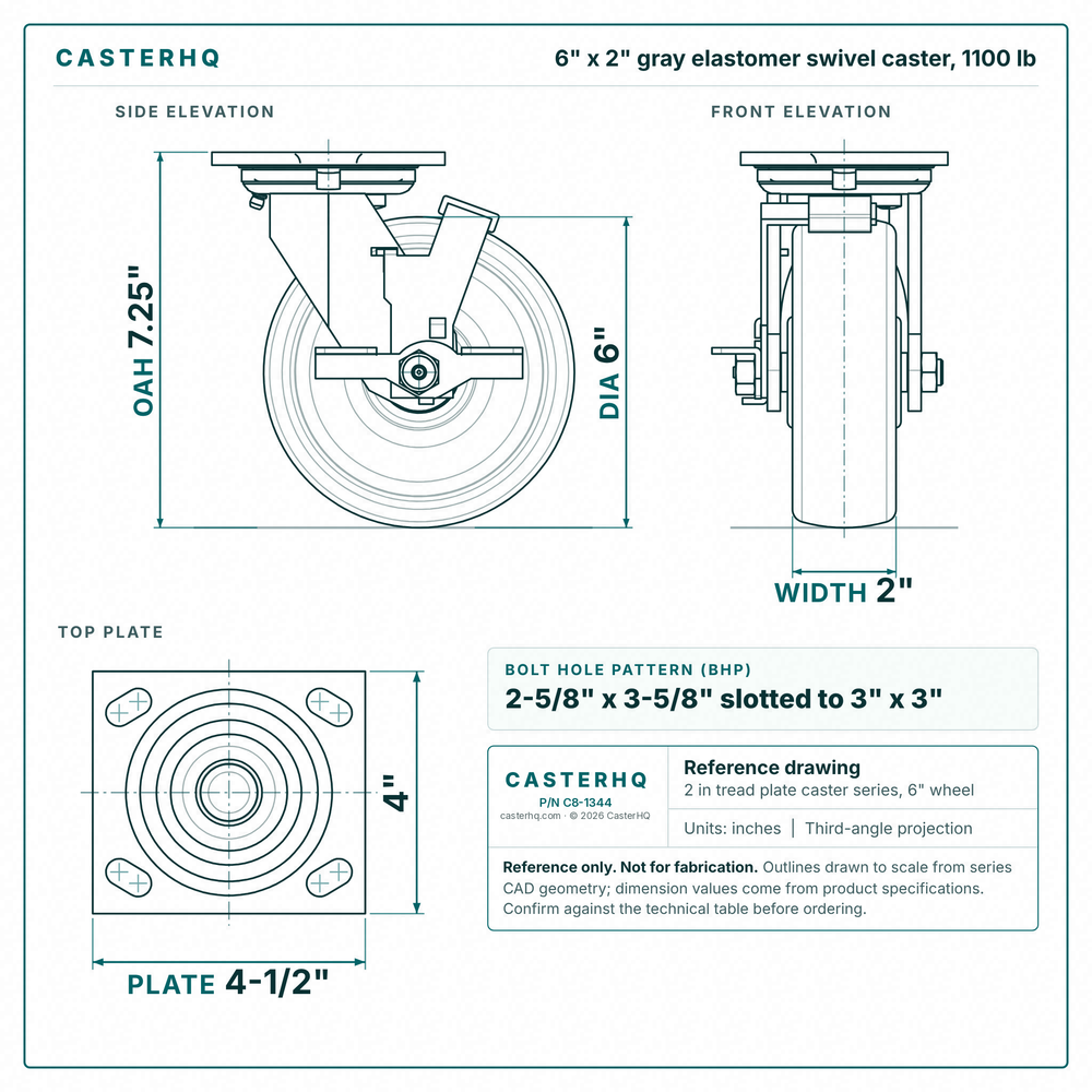 6 x 2 in gray elastomer swivel caster reference drawing, side, front and top plate views with dimensions