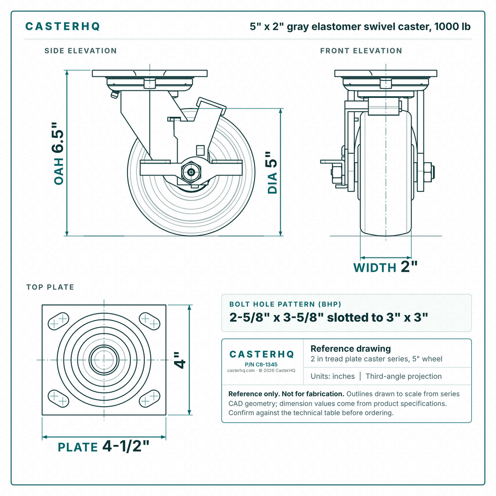 5 x 2 in gray elastomer swivel caster reference drawing, side, front and top plate views with dimensions