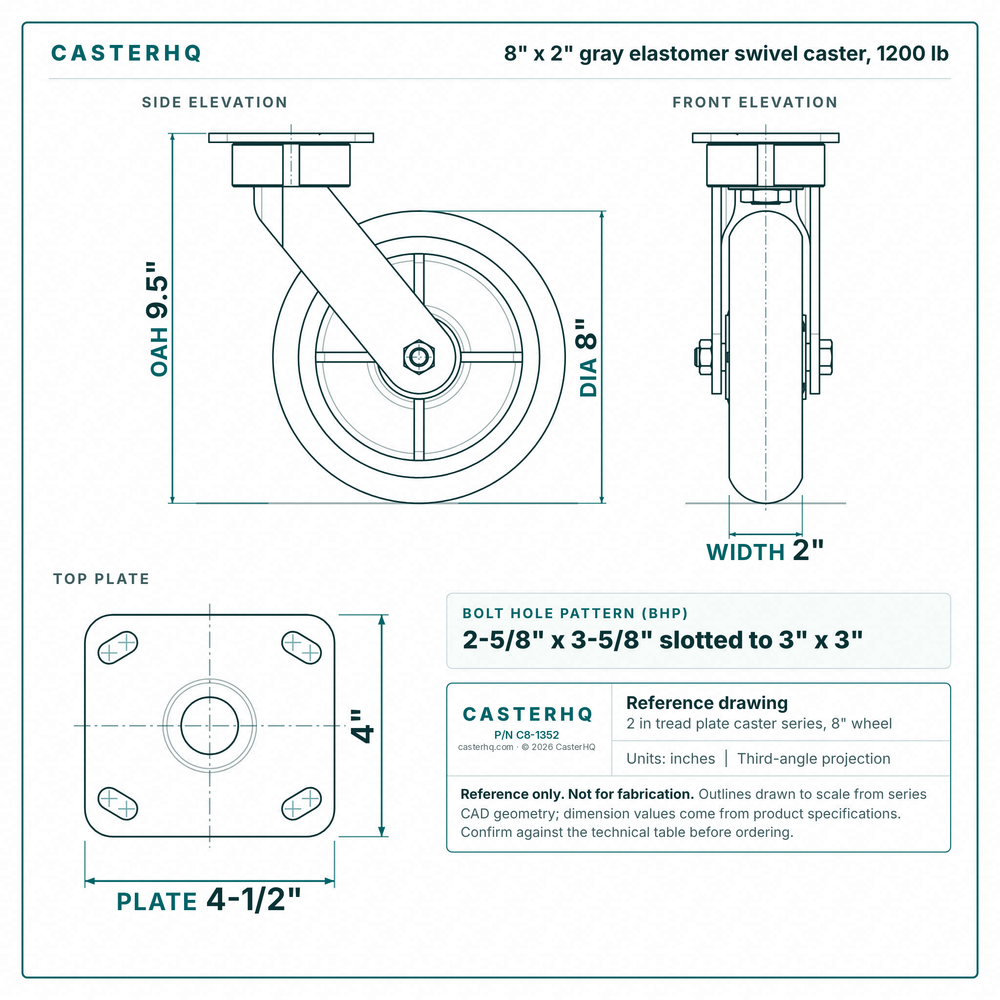 8 x 2 in gray elastomer swivel caster reference drawing, side, front and top plate views with dimensions