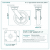 8 x 2 in gray elastomer swivel caster reference drawing, side, front and top plate views with dimensions