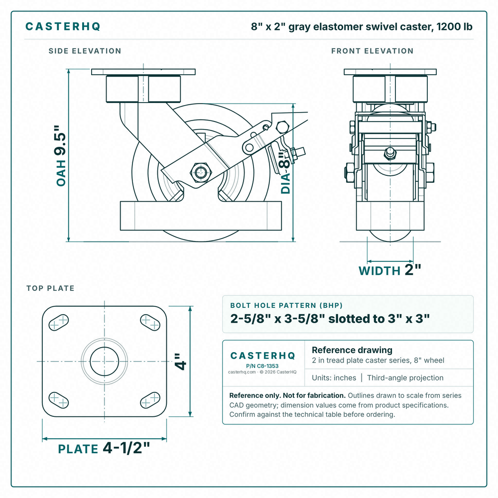 8 x 2 in gray elastomer swivel caster reference drawing, side, front and top plate views with dimensions