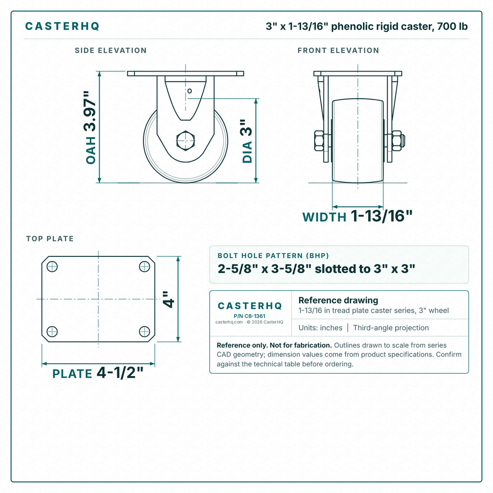 3 x 1-13/16 in phenolic rigid caster reference drawing, side, front and top plate views with dimensions