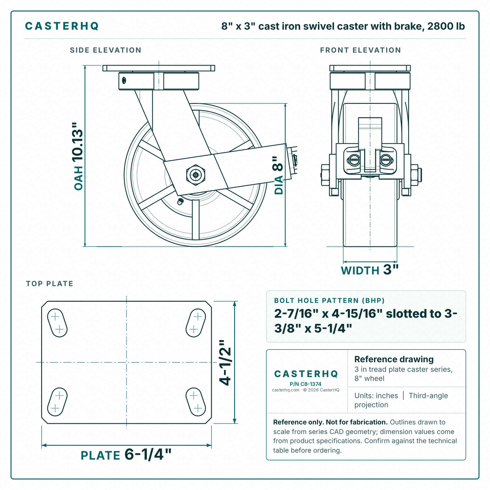 8 x 3 in cast iron swivel caster with brake reference drawing, side, front and top plate views with dimensions