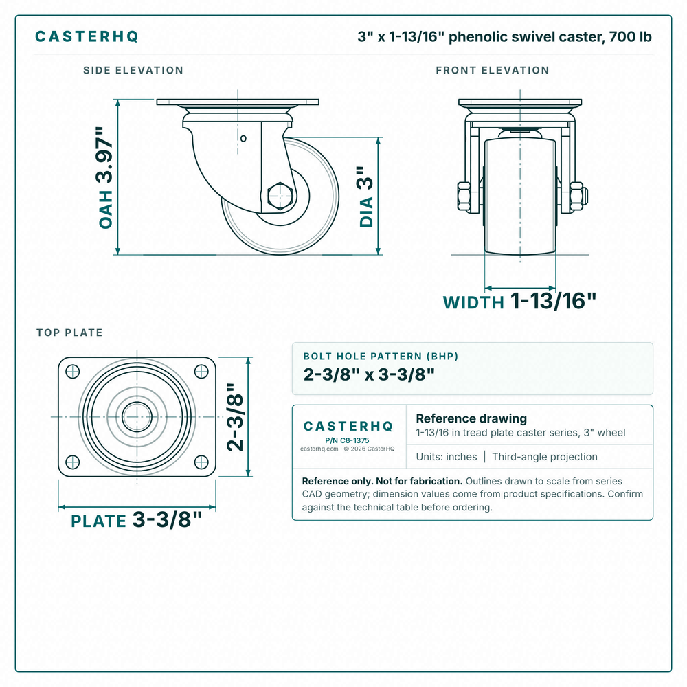 3 x 1-13/16 in phenolic swivel caster reference drawing, side, front and top plate views with dimensions