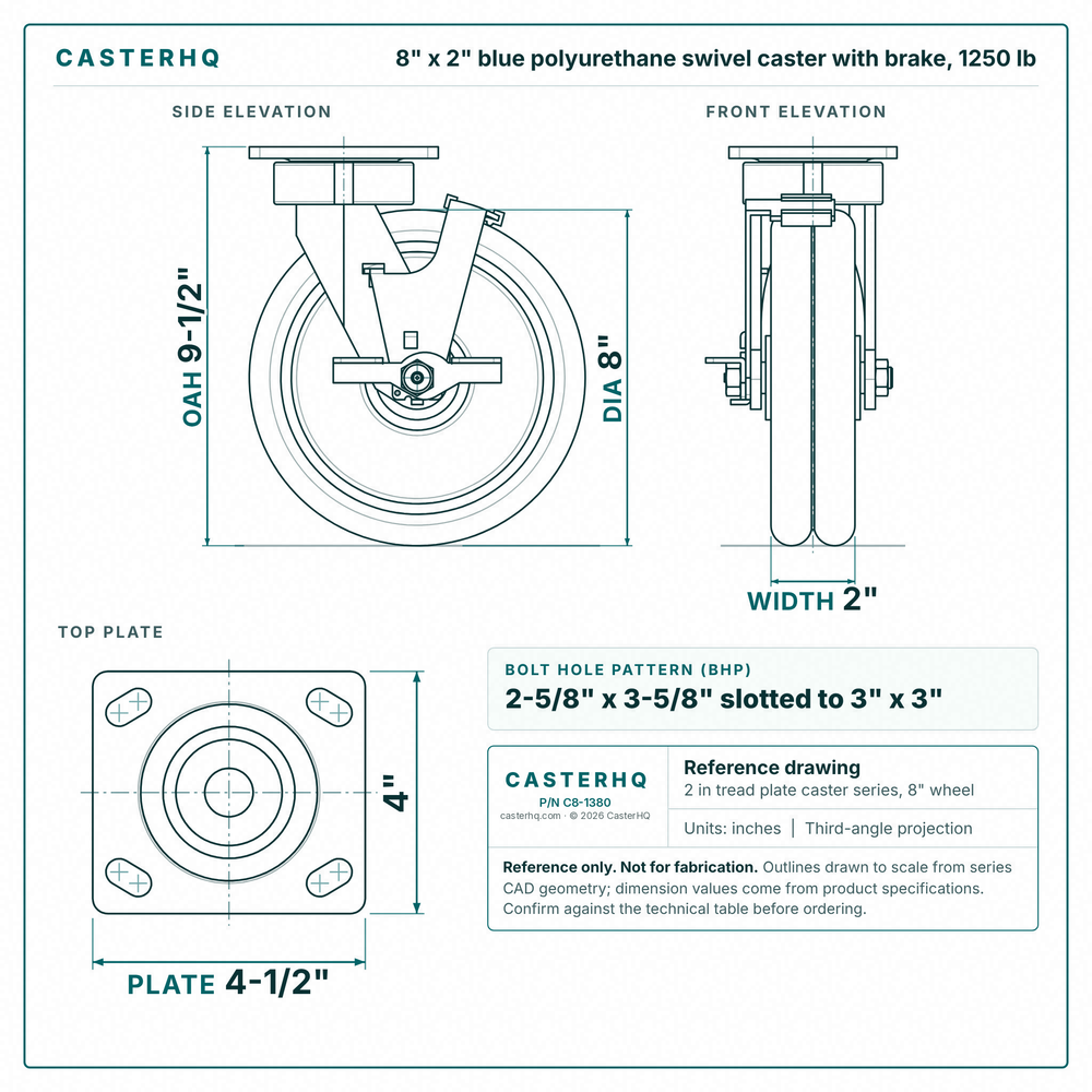 8 x 2 in blue polyurethane swivel caster with brake reference drawing, side, front and top plate views with dimensions