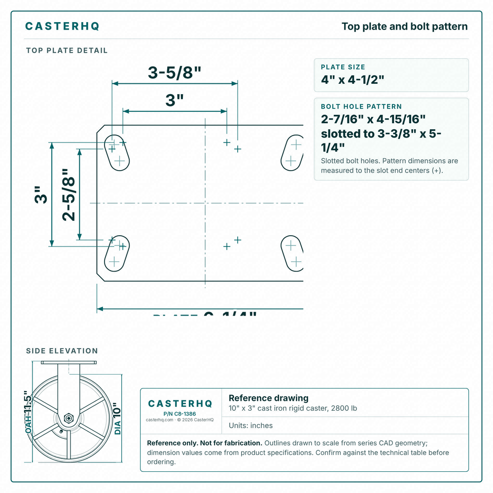 Top plate bolt pattern drawing, ["4-1/2\" x 6-1/4\""] plate, slotted bolt holes