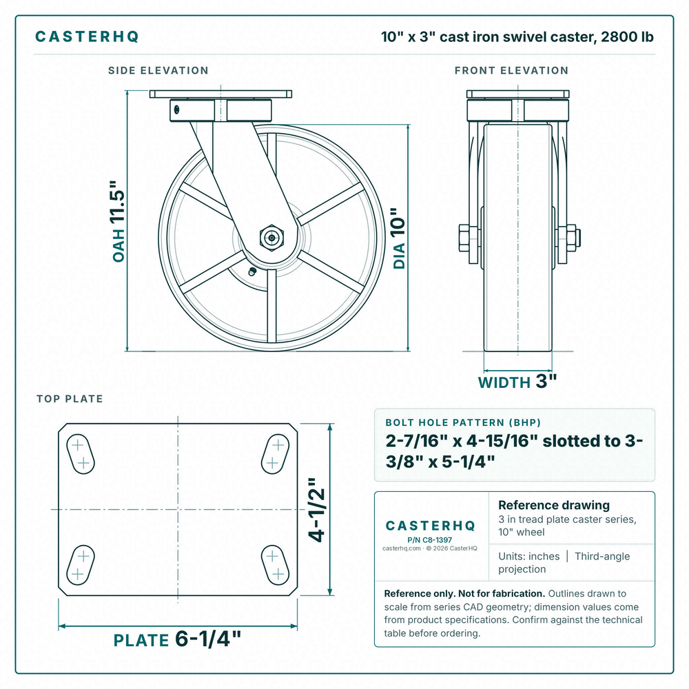 10 x 3 in cast iron swivel caster reference drawing, side, front and top plate views with dimensions