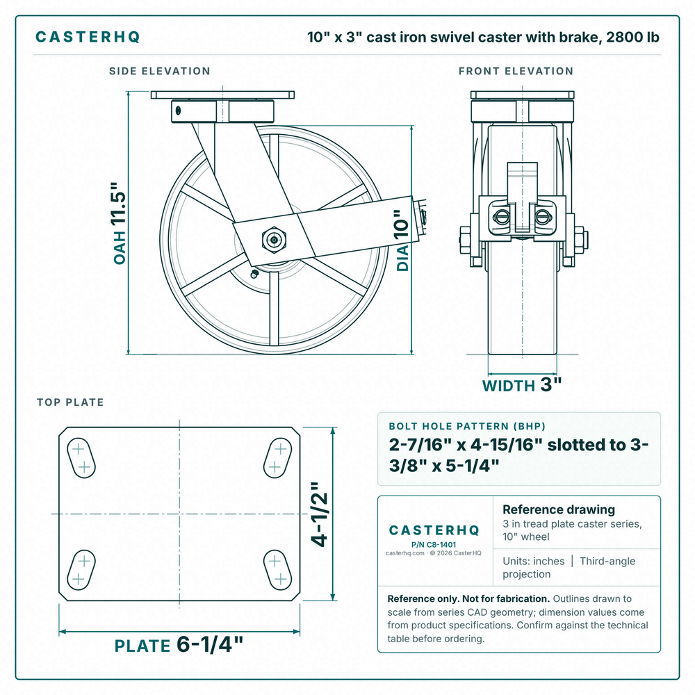 10 x 3 in cast iron swivel caster with brake reference drawing, side, front and top plate views with dimensions