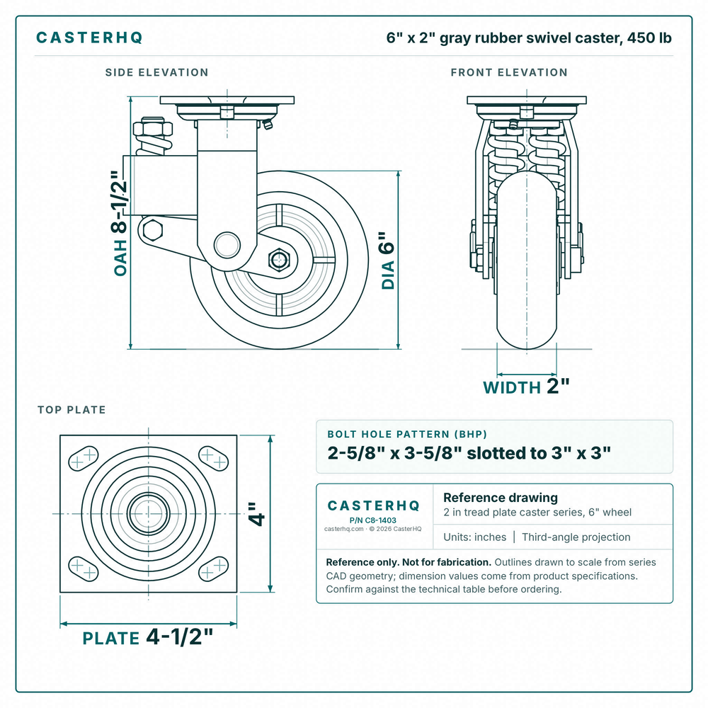 6 x 2 in gray rubber swivel caster reference drawing, side, front and top plate views with dimensions