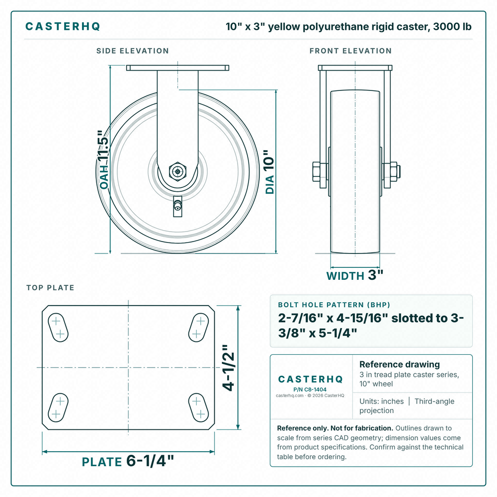 10 x 3 in yellow polyurethane rigid caster reference drawing, side, front and top plate views with dimensions