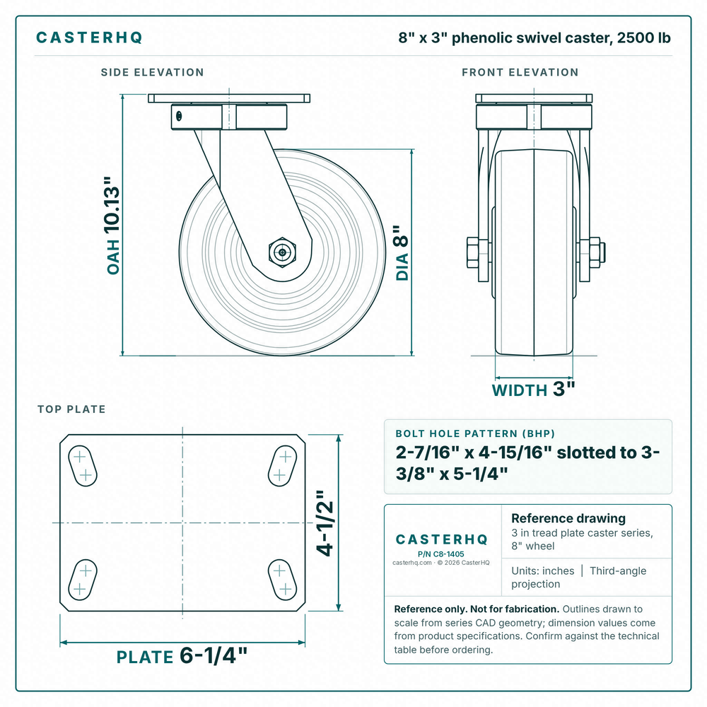 8 x 3 in phenolic swivel caster reference drawing, side, front and top plate views with dimensions