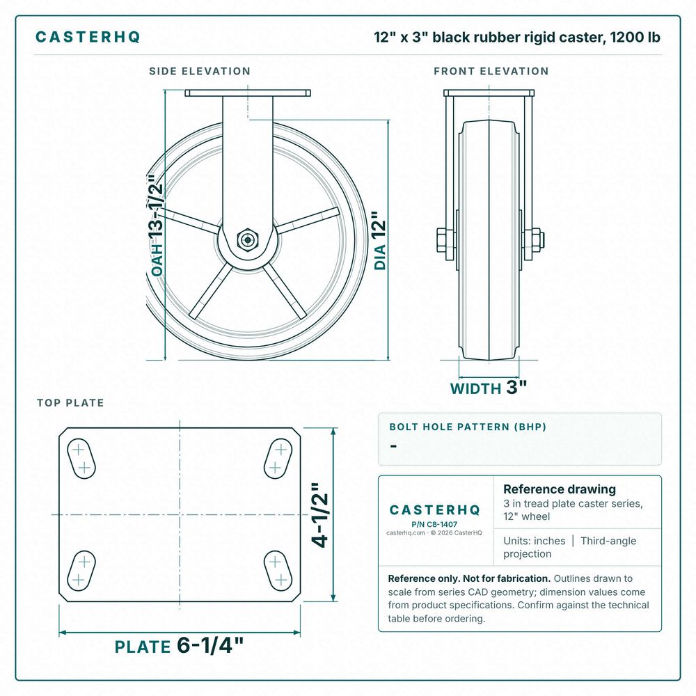 12 x 3 in black rubber rigid caster reference drawing, side, front and top plate views with dimensions