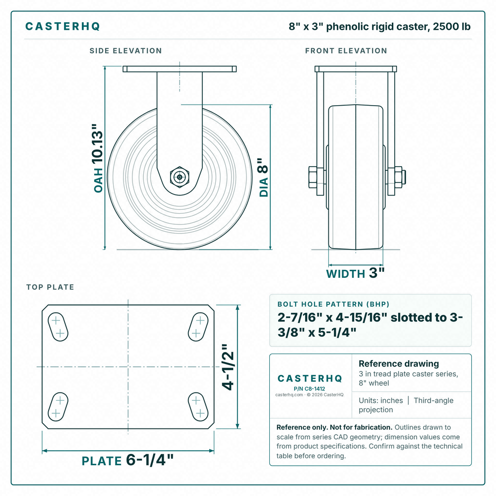 8 x 3 in phenolic rigid caster reference drawing, side, front and top plate views with dimensions