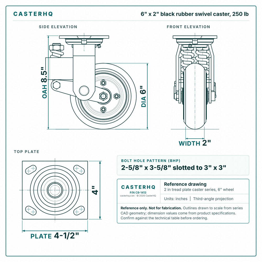 6 x 2 in black rubber swivel caster reference drawing, side, front and top plate views with dimensions