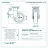 6 x 2 in black rubber swivel caster reference drawing, side, front and top plate views with dimensions