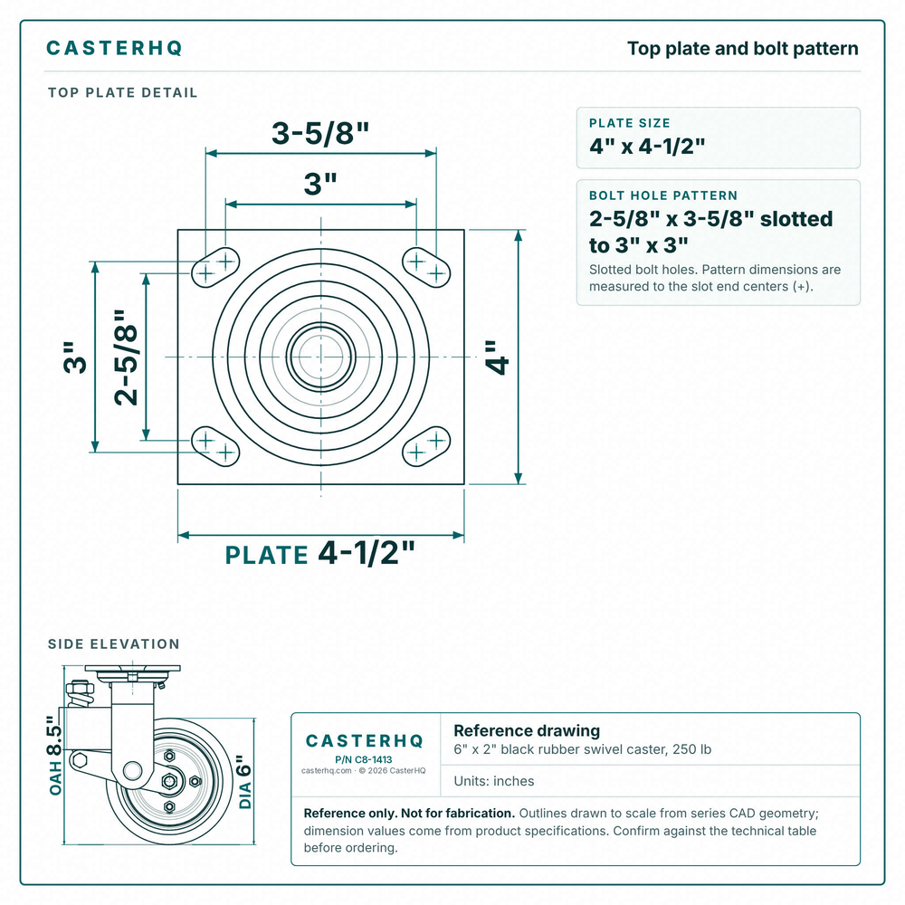 Top plate bolt pattern drawing, ["4\" x 4-1/2\""] plate, slotted bolt holes