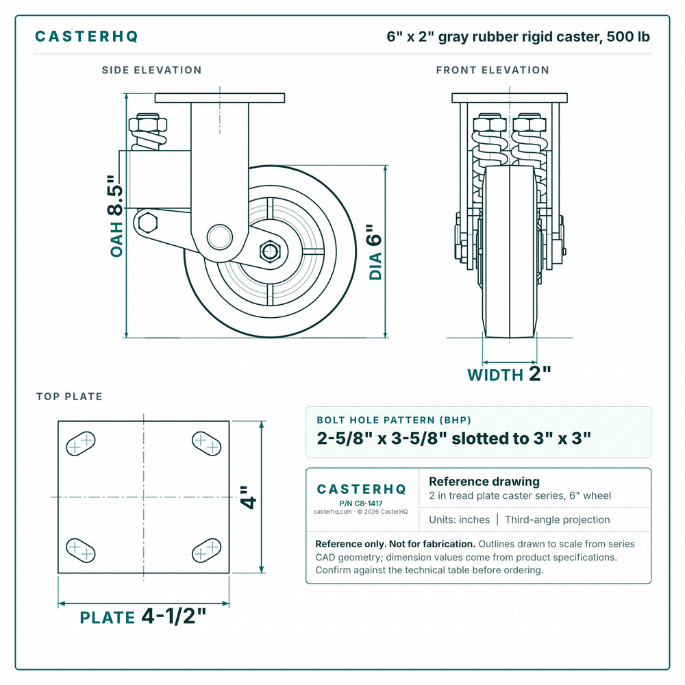 6 x 2 in gray rubber rigid caster reference drawing, side, front and top plate views with dimensions