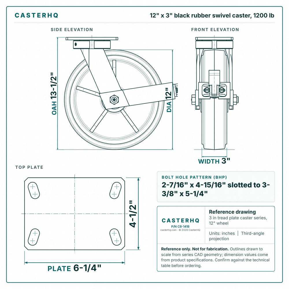 12 x 3 in black rubber swivel caster reference drawing, side, front and top plate views with dimensions