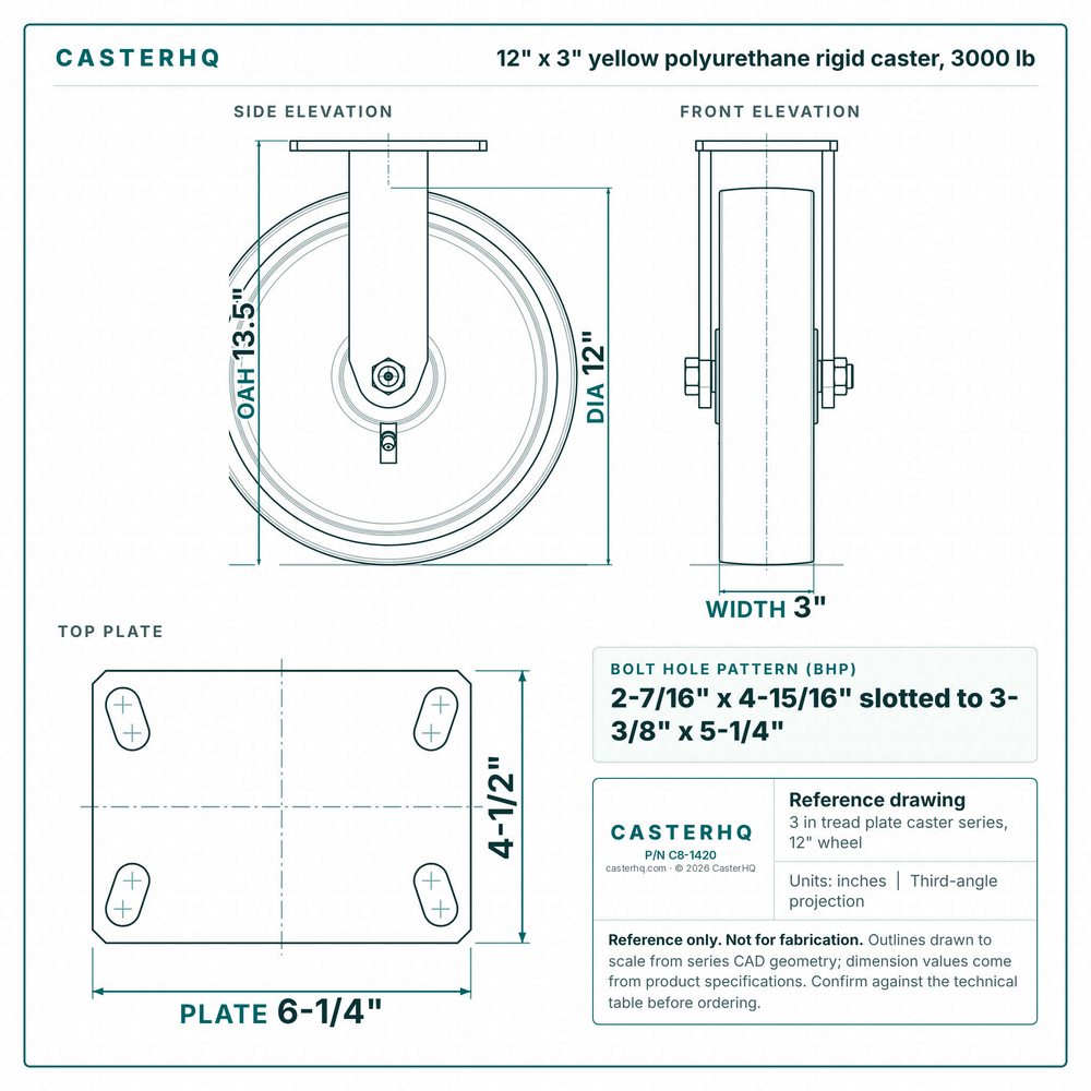 12 x 3 in yellow polyurethane rigid caster reference drawing, side, front and top plate views with dimensions
