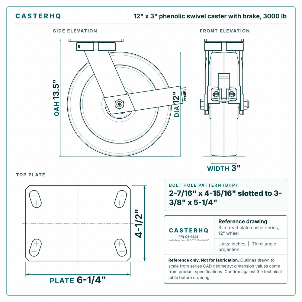 12 x 3 in phenolic swivel caster with brake reference drawing, side, front and top plate views with dimensions