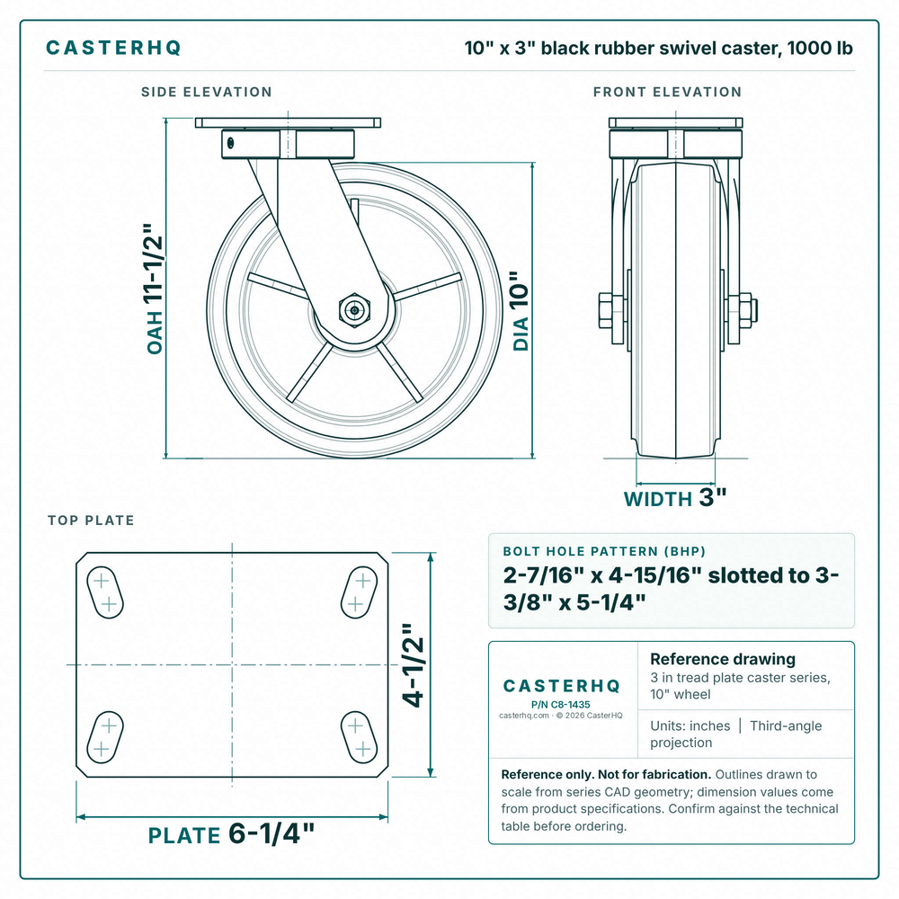 10 x 3 in black rubber swivel caster reference drawing, side, front and top plate views with dimensions