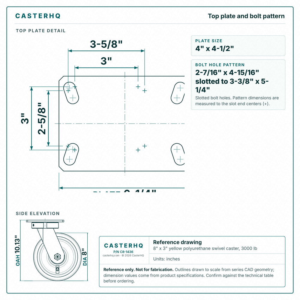 Top plate bolt pattern drawing, ["4-1/2\" x 6-1/4\""] plate, slotted bolt holes