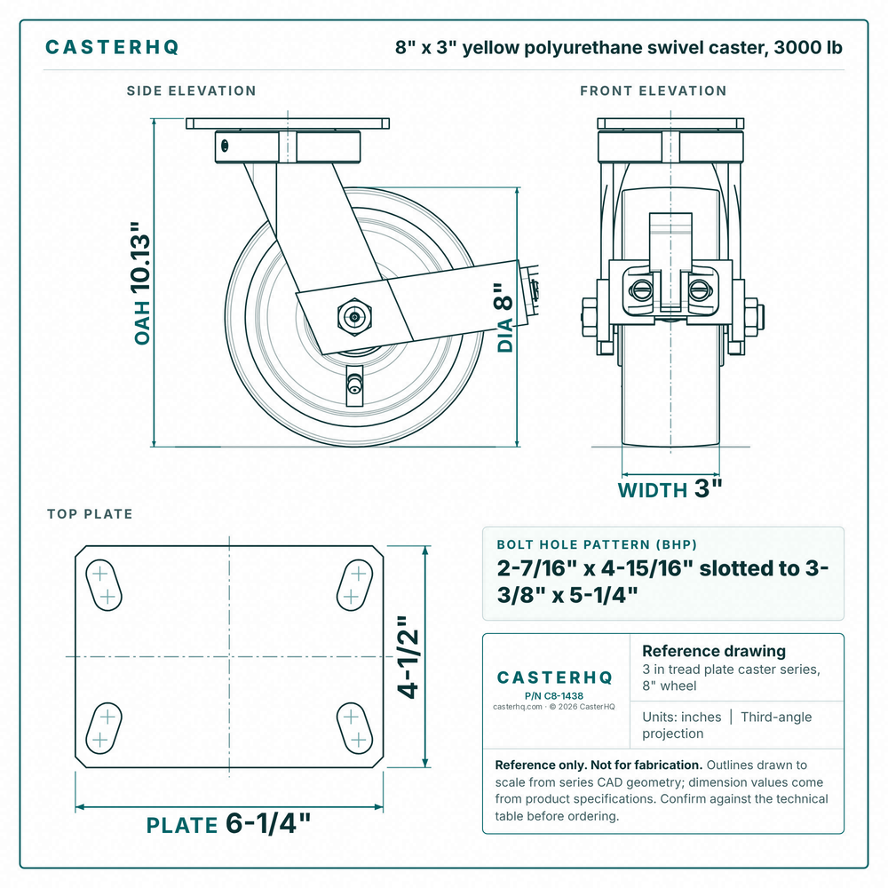 8 x 3 in yellow polyurethane swivel caster reference drawing, side, front and top plate views with dimensions