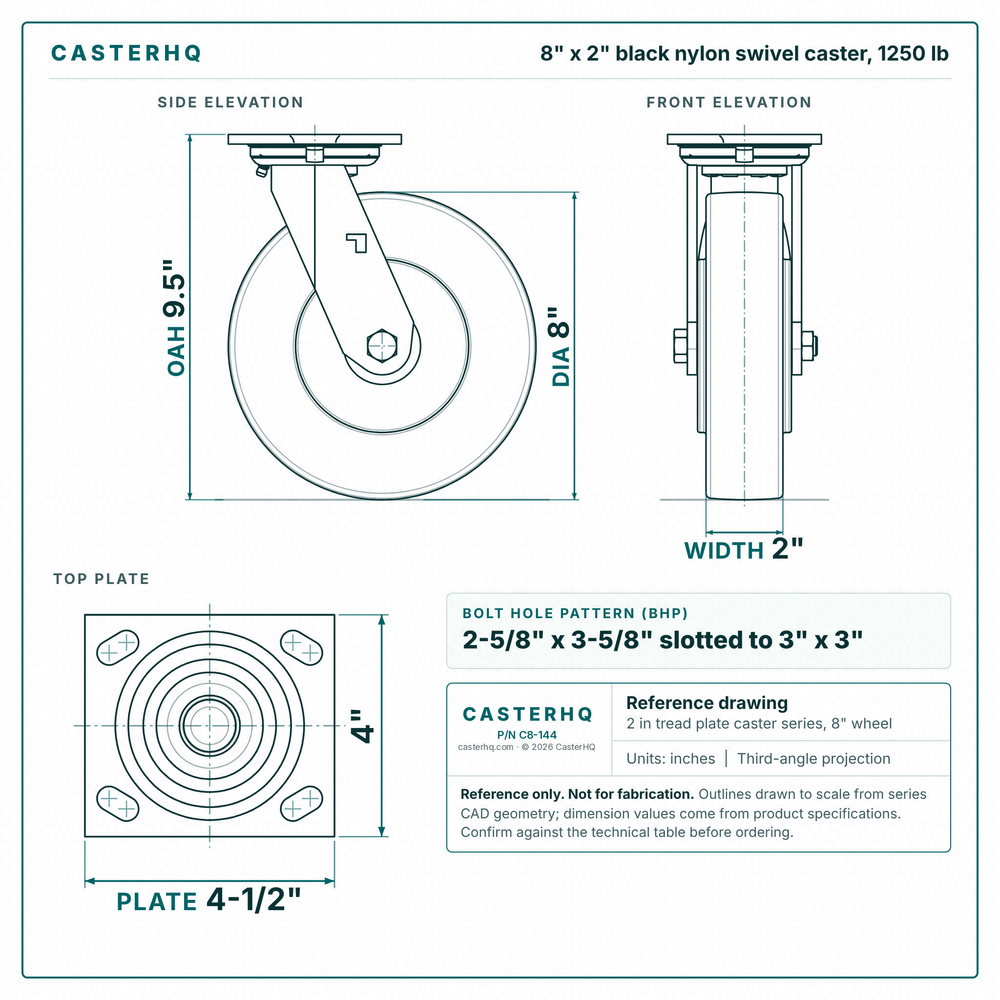 8 x 2 in black nylon swivel caster reference drawing, side, front and top plate views with dimensions