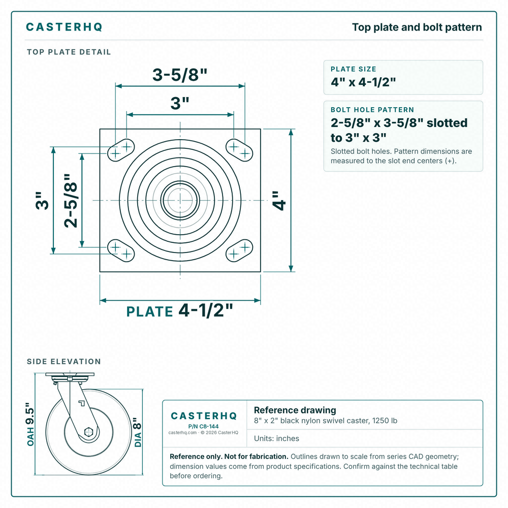 Top plate bolt pattern drawing, ["4\" x 4-1/2\""] plate, slotted bolt holes