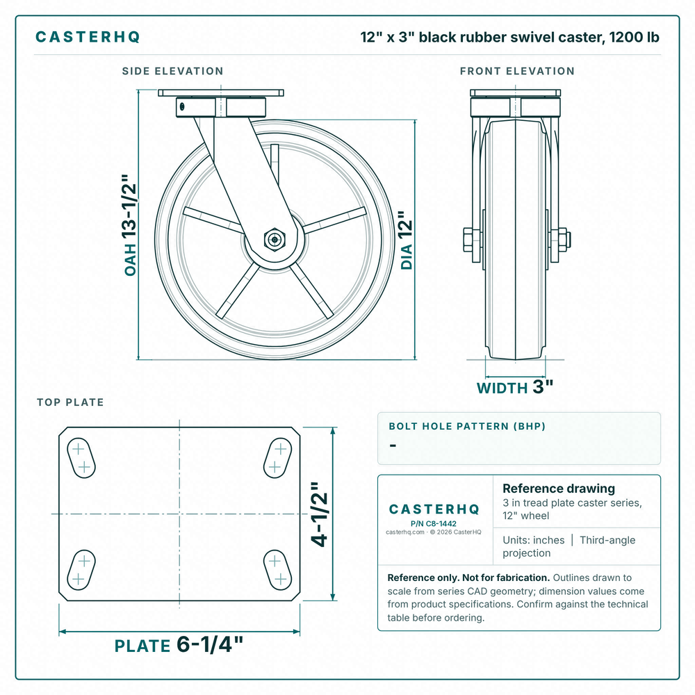 12 x 3 in black rubber swivel caster reference drawing, side, front and top plate views with dimensions