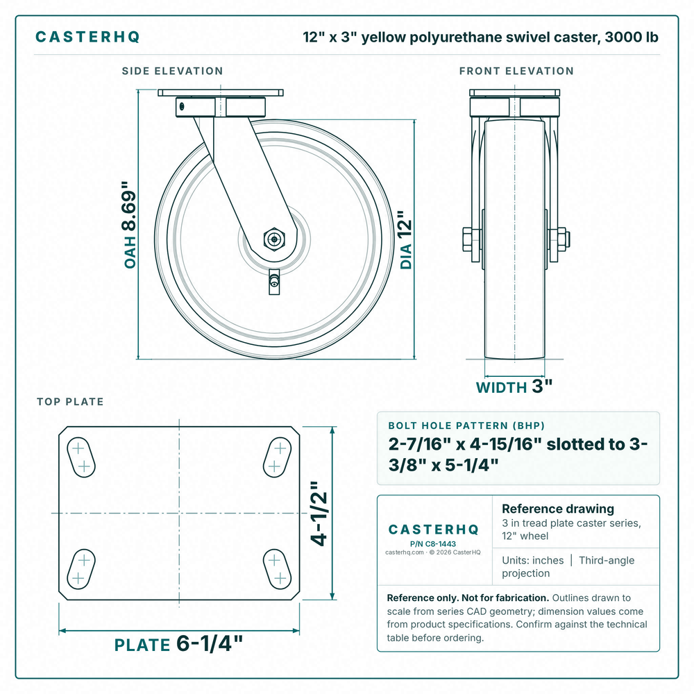 12 x 3 in yellow polyurethane swivel caster reference drawing, side, front and top plate views with dimensions