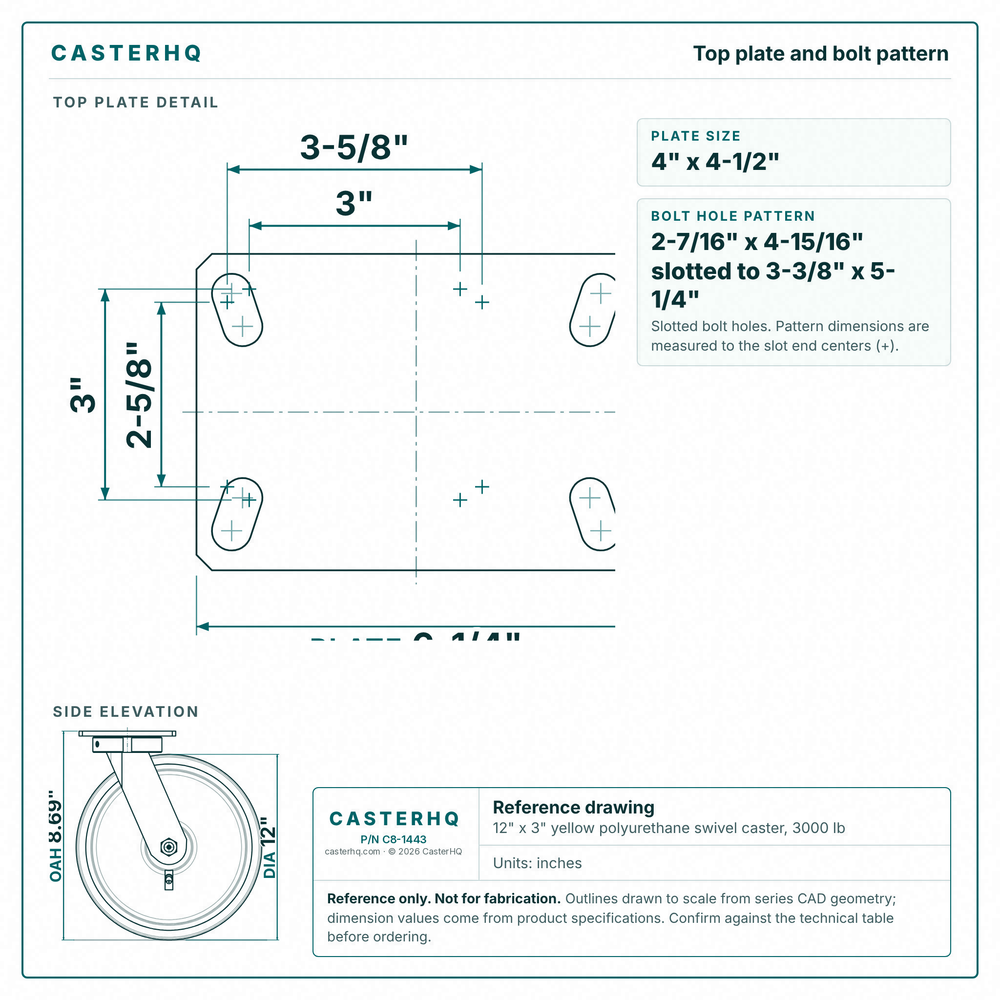 Top plate bolt pattern drawing, ["4-1/2\" x 6-1/4\""] plate, slotted bolt holes