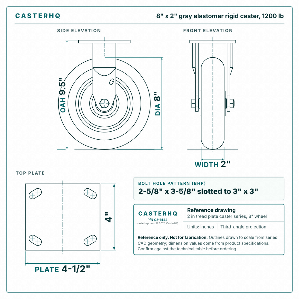 8 x 2 in gray elastomer rigid caster reference drawing, side, front and top plate views with dimensions