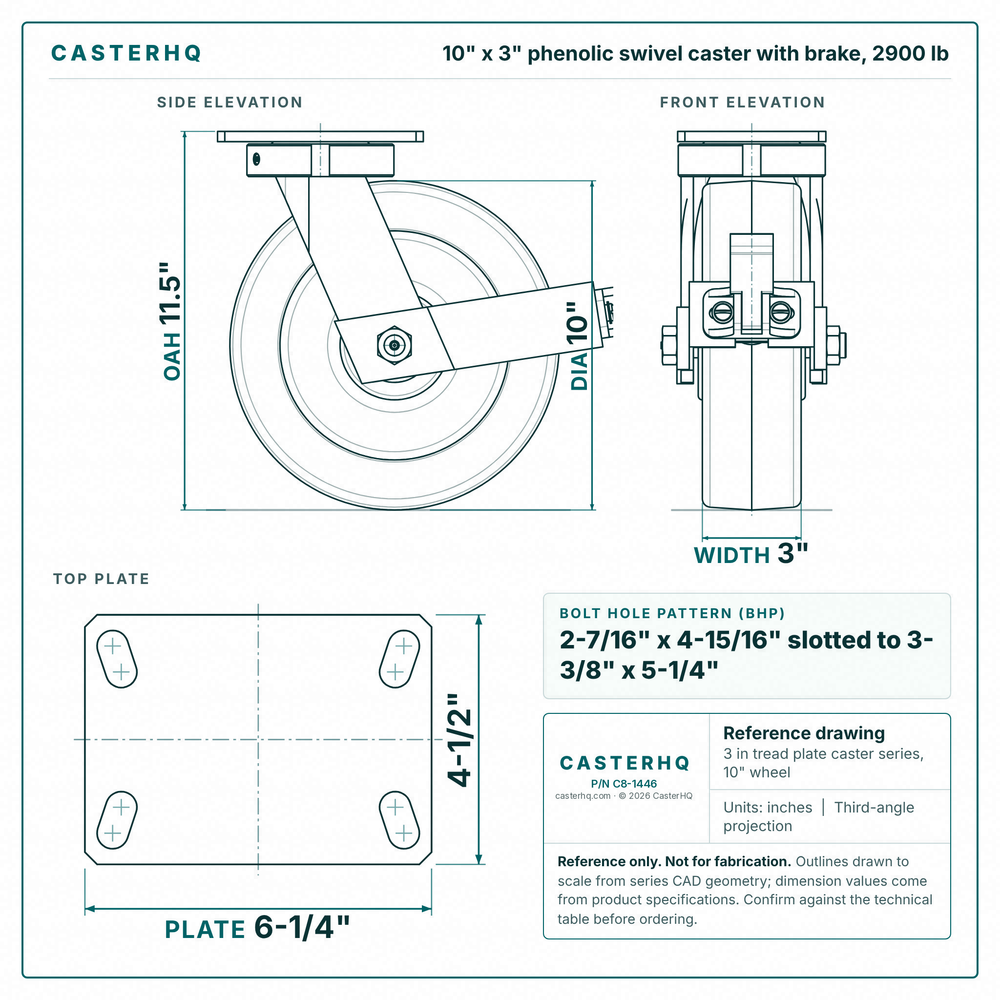 10 x 3 in phenolic swivel caster with brake reference drawing, side, front and top plate views with dimensions