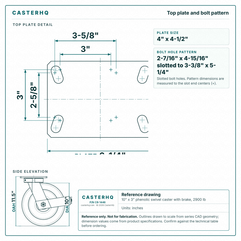 Top plate bolt pattern drawing, ["4-1/2\" x 6-1/4\""] plate, slotted bolt holes