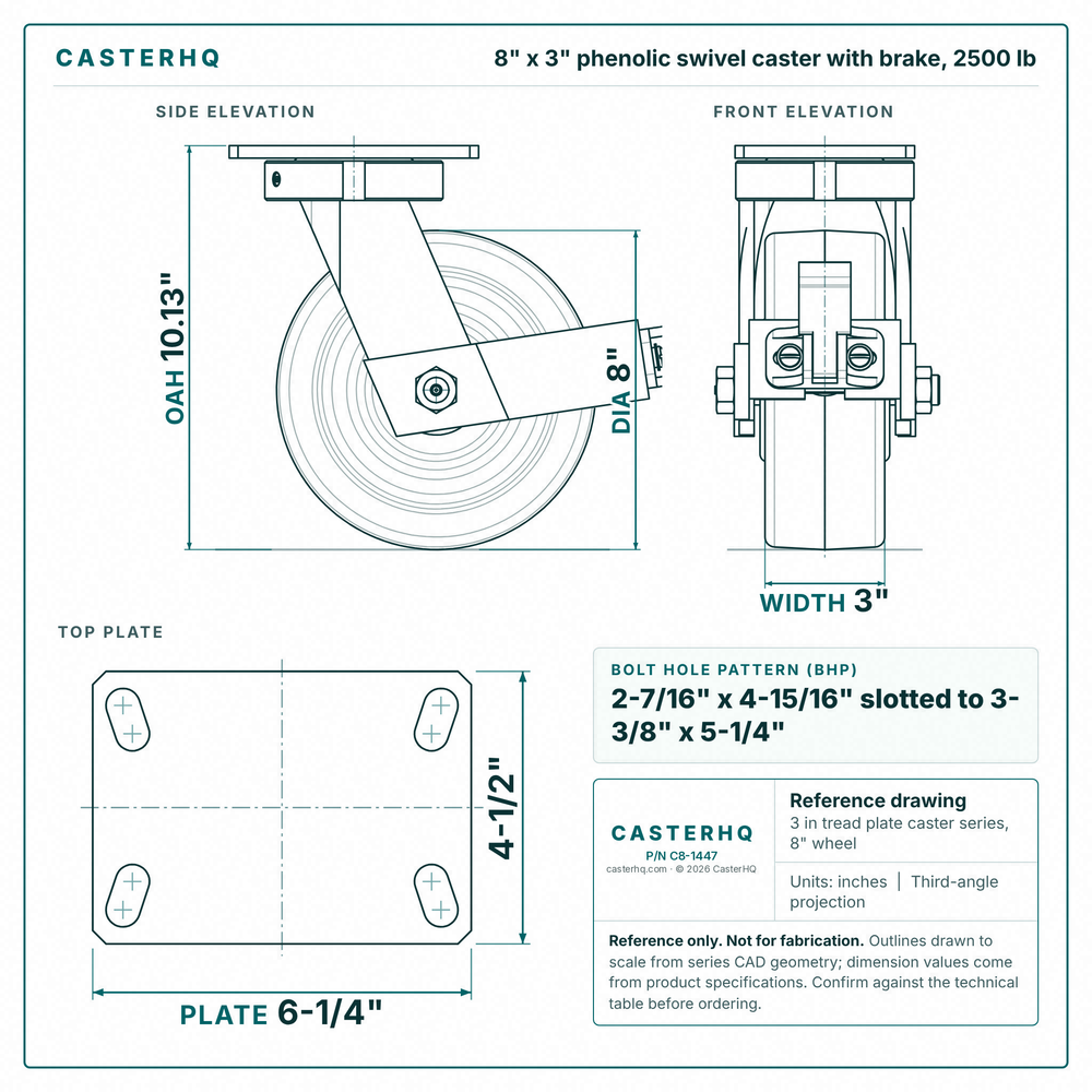 8 x 3 in phenolic swivel caster with brake reference drawing, side, front and top plate views with dimensions