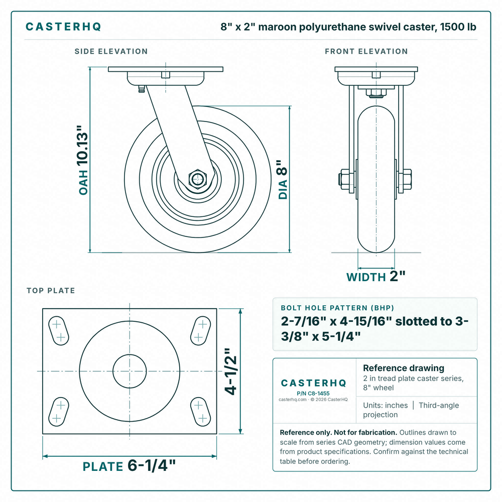 8 x 2 in maroon polyurethane swivel caster reference drawing, side, front and top plate views with dimensions