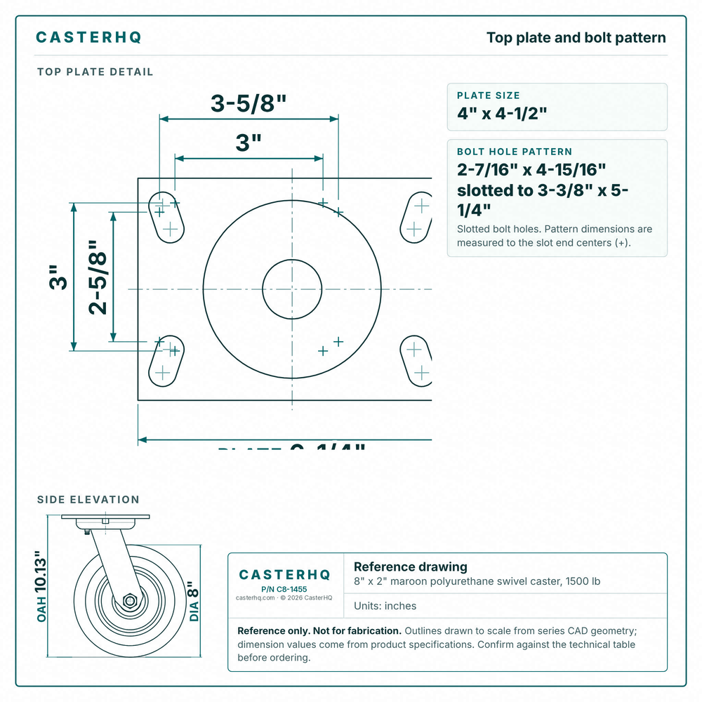 Top plate bolt pattern drawing, ["4-1/2\" x 6-1/4\""] plate, slotted bolt holes