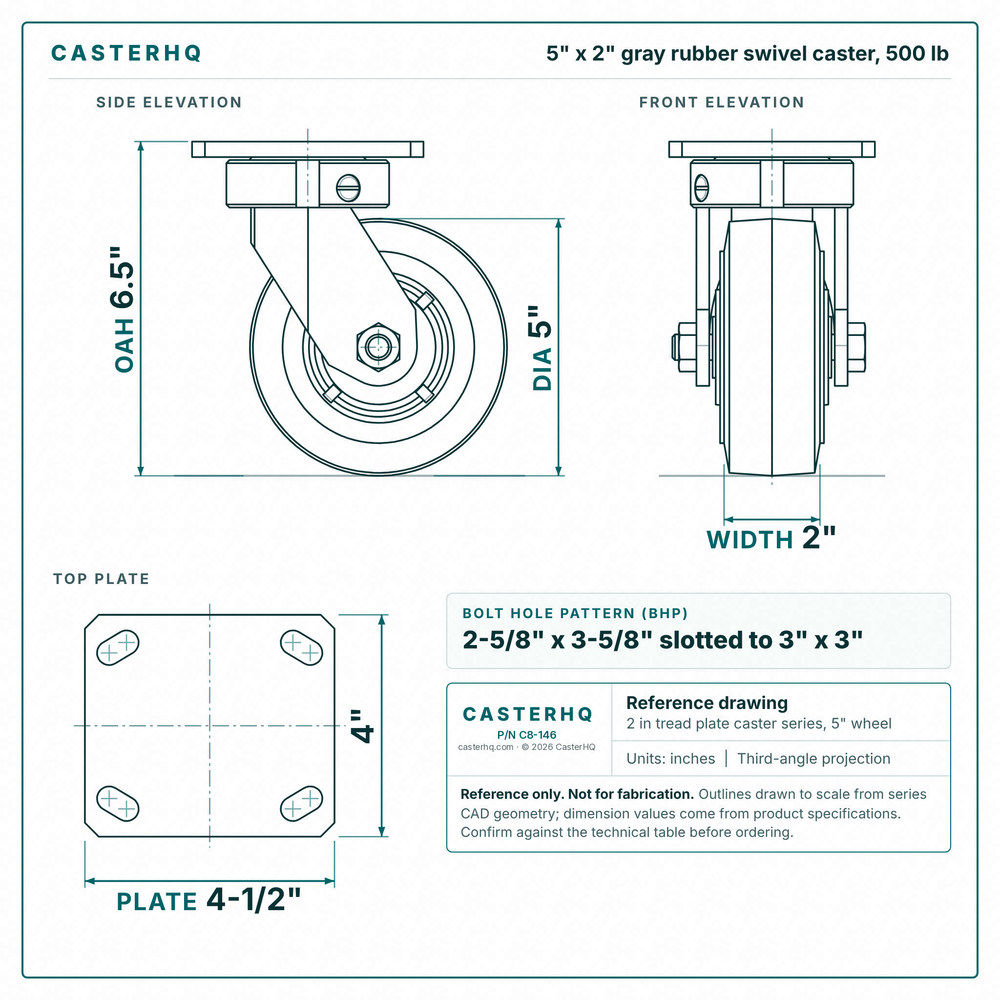 5 x 2 in gray rubber swivel caster reference drawing, side, front and top plate views with dimensions