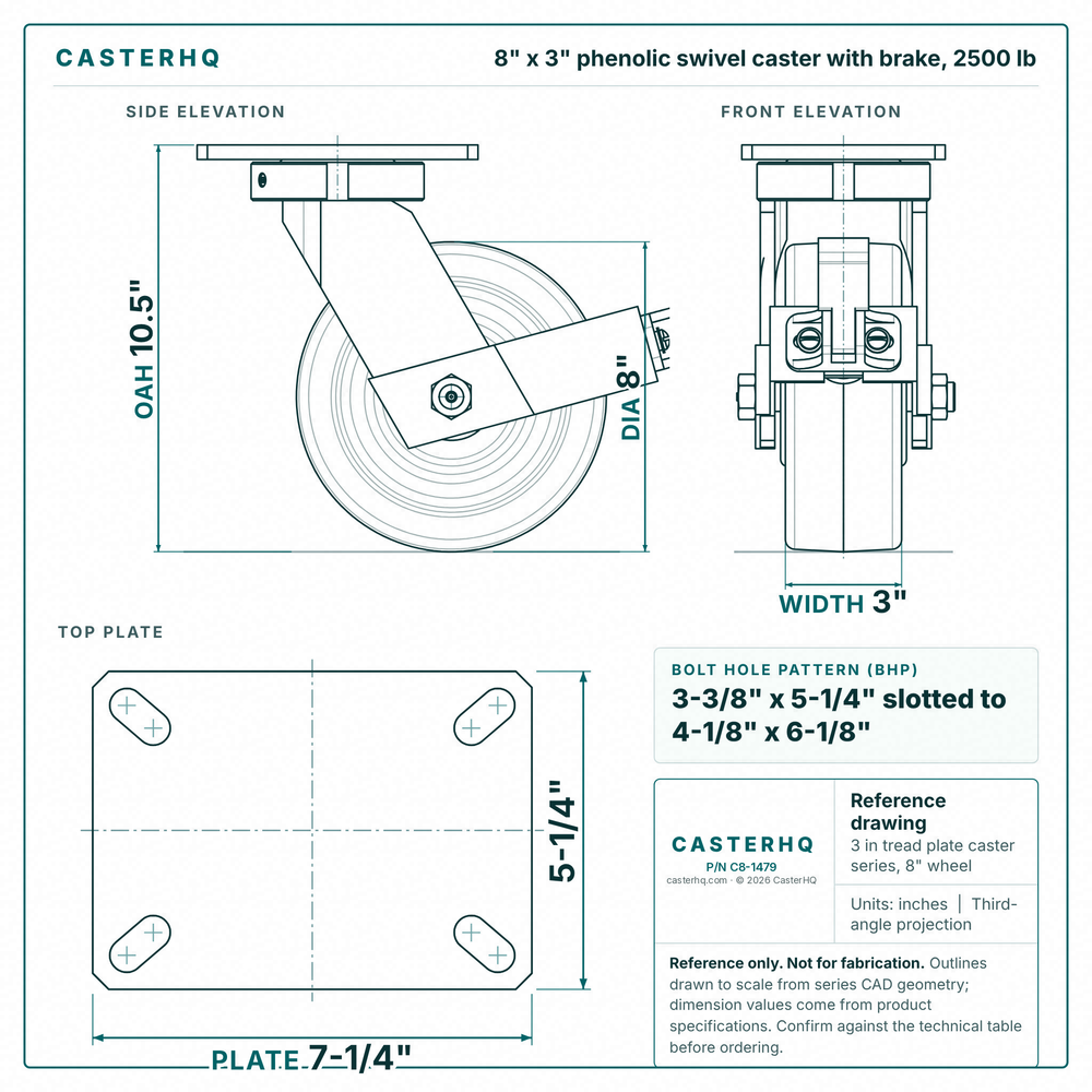 8 x 3 in phenolic swivel caster with brake reference drawing, side, front and top plate views with dimensions