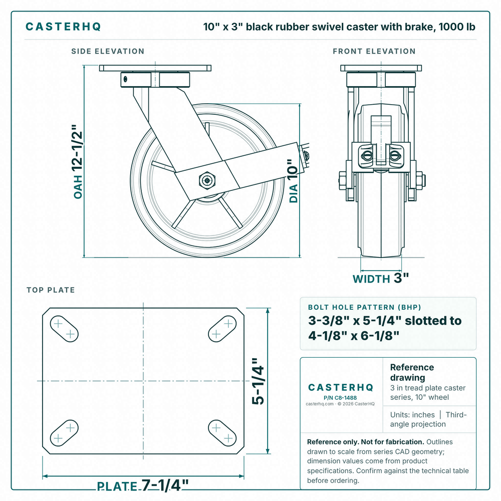 10 x 3 in black rubber swivel caster with brake reference drawing, side, front and top plate views with dimensions