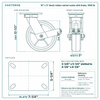 10 x 3 in black rubber swivel caster with brake reference drawing, side, front and top plate views with dimensions