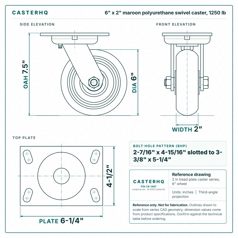 6 x 2 in maroon polyurethane swivel caster reference drawing, side, front and top plate views with dimensions
