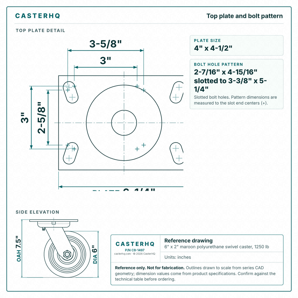 Top plate bolt pattern drawing, ["4-1/2\" x 6-1/4\""] plate, slotted bolt holes
