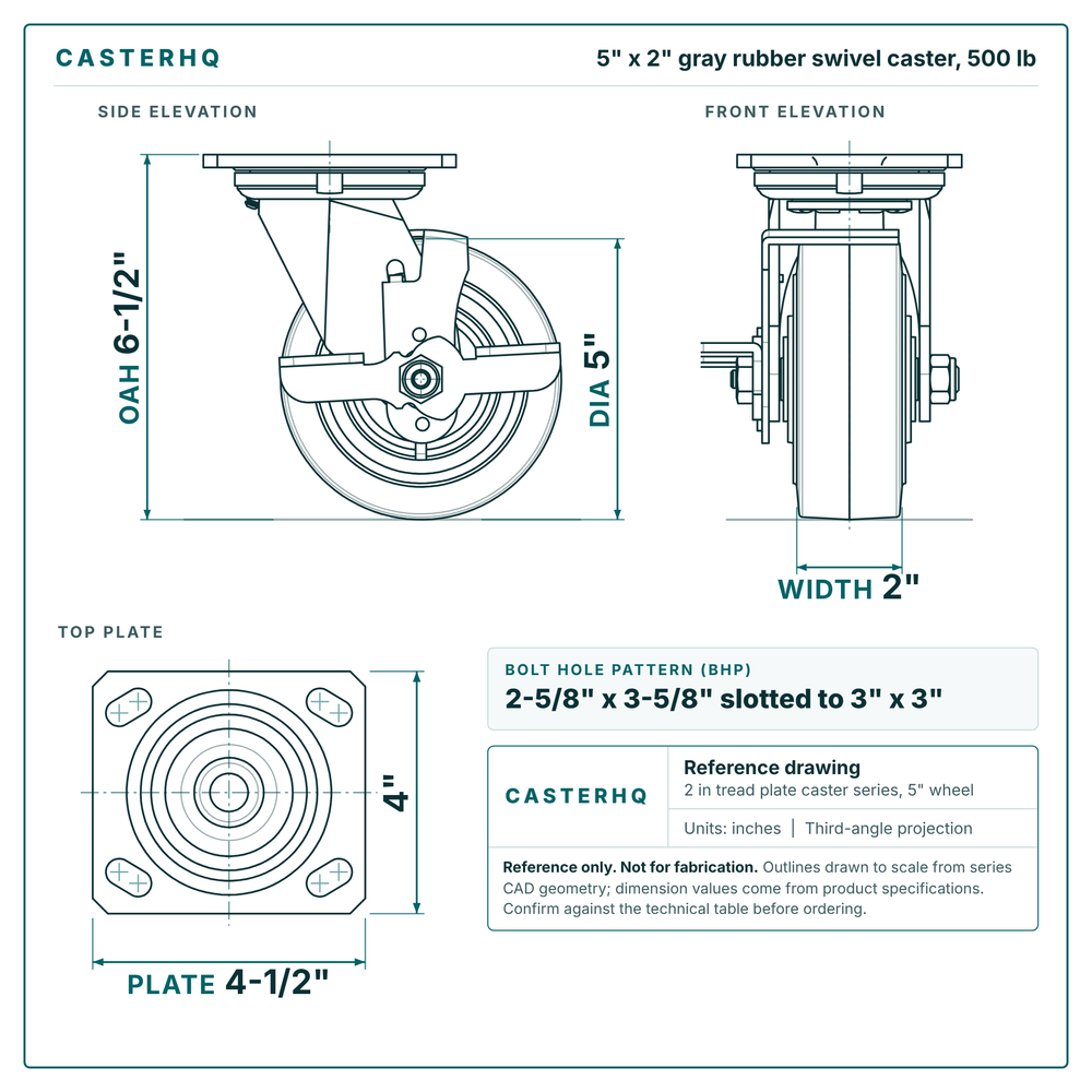 5 x 2 in gray rubber swivel caster reference drawing, side, front and top plate views with dimensions