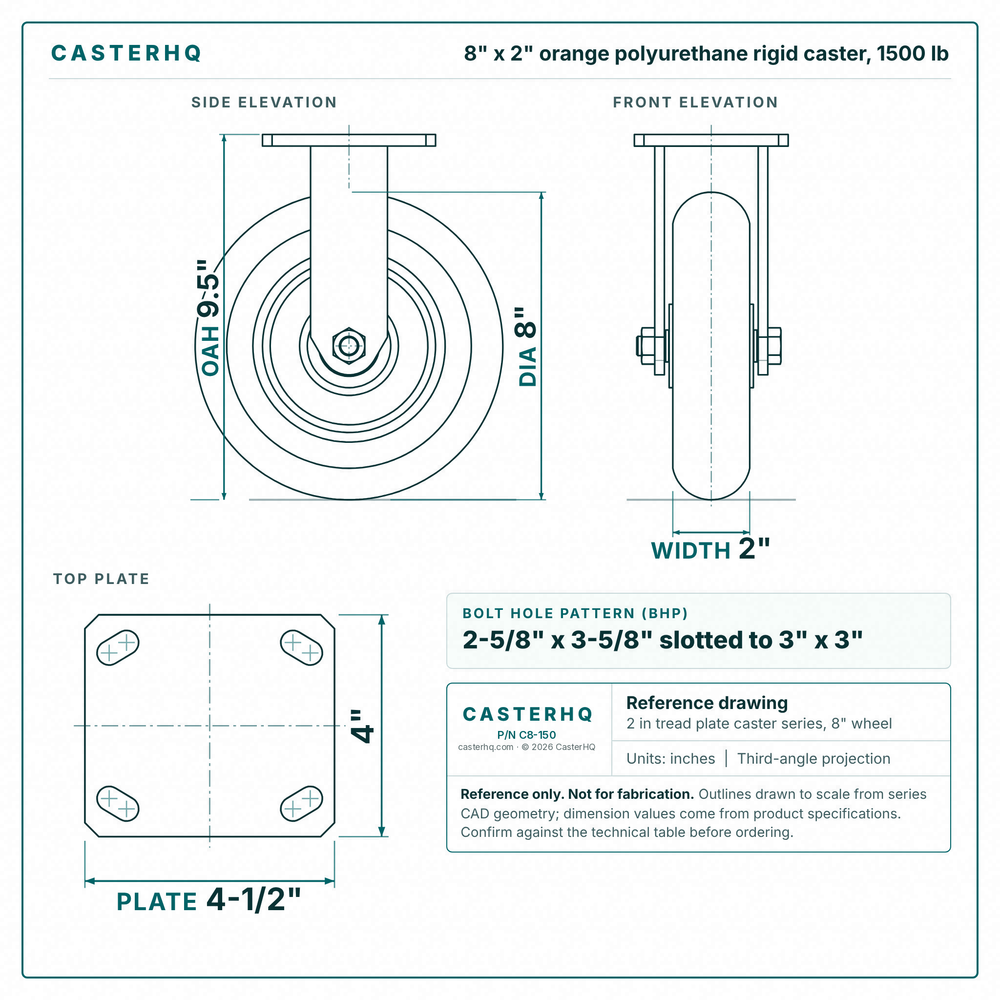 8 x 2 in orange polyurethane rigid caster reference drawing, side, front and top plate views with dimensions