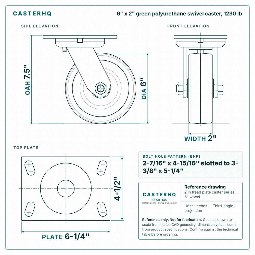 6 x 2 in green polyurethane swivel caster reference drawing, side, front and top plate views with dimensions